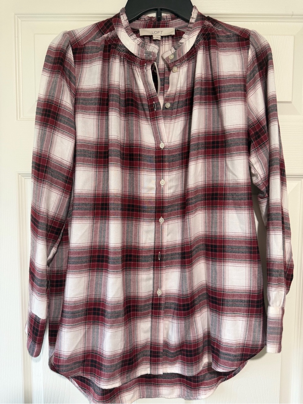 LOFT Plaid Button-Down Shirt in Burgundy and White